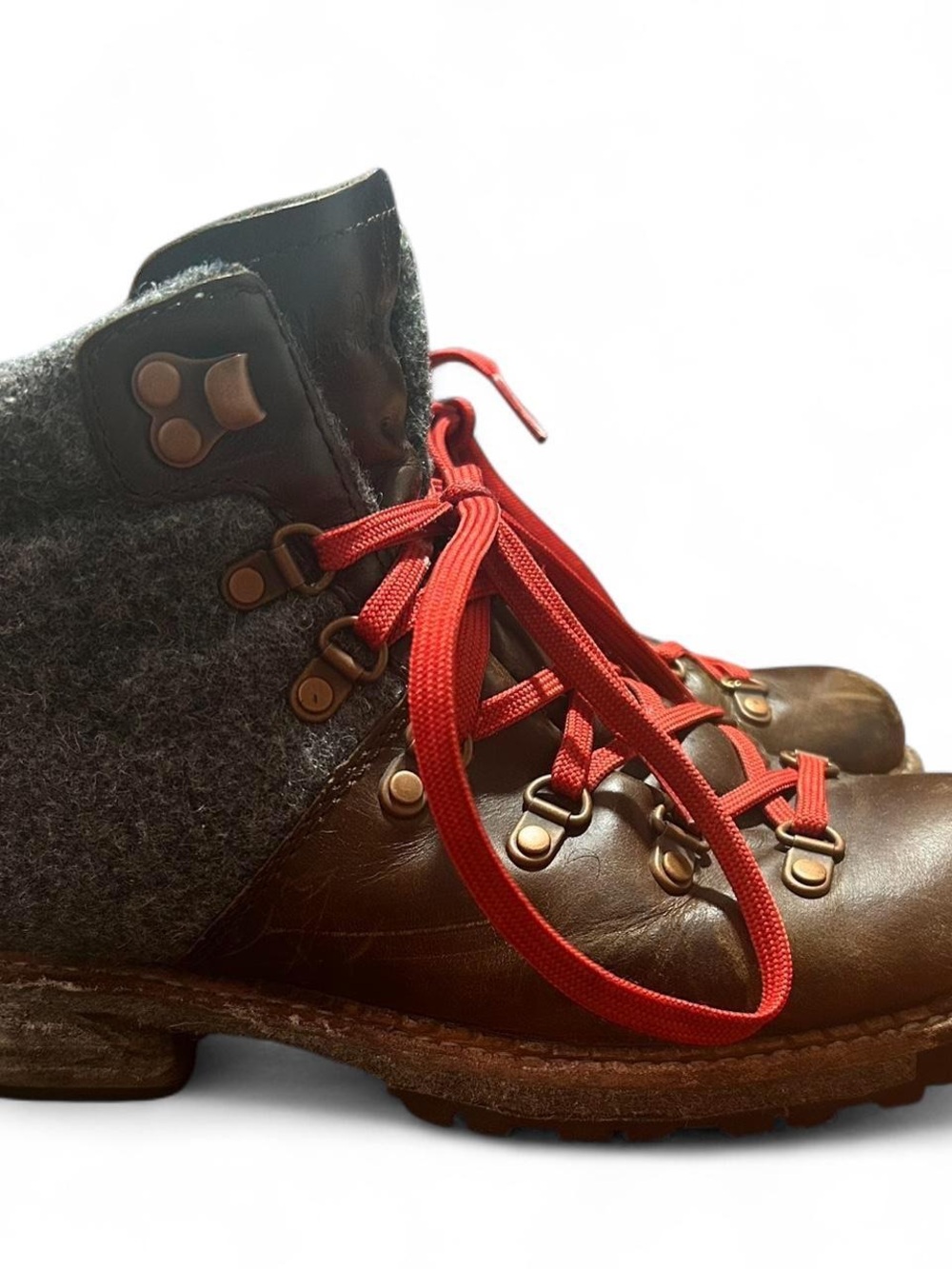 Woolrich Brown Leather & Gray Wool Lace-Up Boots with Red Laces